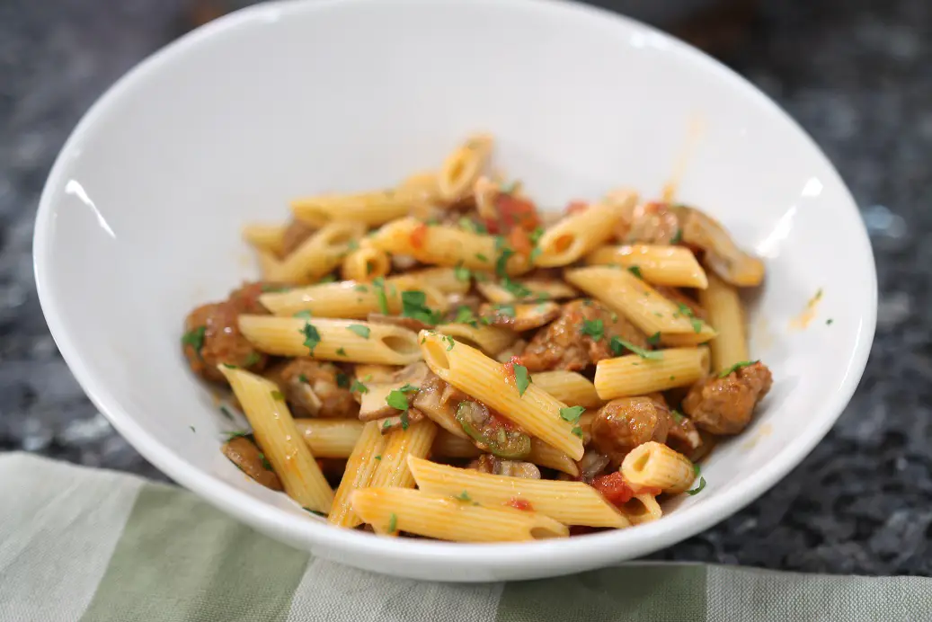 Penne with Mushrooms and Spicy Sausage